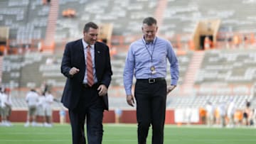 KNOXVILLE, TN - SEPTEMBER 22: Head coach Dan Mullen of the Florida Gators (L) walks with Florida Athletic Director Scott Stricklin before the game between the Florida Gators and Tennessee Volunteers at Neyland Stadium on September 22, 2018 in Knoxville, Tennessee. (Photo by Donald Page/Getty Images)