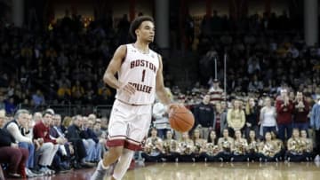 CHESTNUT HILL, MA - FEBRUARY 17: Boston College guard Jerome Robinson (1) carriers the ball on the wing during an ACC game between the Boston College Eagles and the Notre Dame Fighting Irish on February 17, 2018, at Conte Forum in Chestnut Hill, Massachusetts. The Fighting Irish defeated the Eagles 84-67. (Photo by Fred Kfoury III/Icon Sportswire via Getty Images)