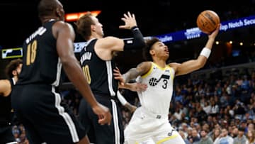 Nov 10, 2023; Memphis, Tennessee, USA; Utah Jazz guard Keyonte George (3) drives to the basket during the second half against the Memphis Grizzlies at FedExForum. Mandatory Credit: Petre Thomas-USA TODAY Sports