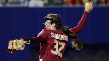 OKLAHOMA CITY, OKLAHOMA - JUNE 08: Kathryn Sandercock #32 of the Florida St. Seminoles pitches during the seventh inning of Game 1 of the Women's College World Series Championship against the Oklahoma Sooners at USA Softball Hall of Fame Stadium on June 08, 2021 in Oklahoma City, Oklahoma. The Seminoles won 8-4. (Photo by Sarah Stier/Getty Images)