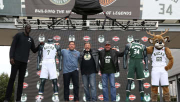 MILWAUKEE, WI - AUGUST 10: Milwaukee Bucks president Peter Feigin, Thon Maker, Bango and representatives from Harley-Davidson announce and unveil the team's new uniforms featuring the Harley-Davidson logo as part of their new sponsorship agreement during a press conference at the Harley-Davidson Museum on August 10, 2017 in Milwaukee, Wisconsin. NOTE TO USER: User expressly acknowledges and agrees that, by downloading and or using this Photograph, user is consenting to the terms and conditions of the Getty Images License Agreement. Mandatory Copyright Notice: Copyright 2017 NBAE (Photo by Gary Dineen/NBAE via Getty Images)