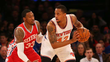 Jan 18, 2016; New York, NY, USA; Philadelphia 76ers forward Robert Covington (33) defends New York Knicks forward Lance Thomas (42) during the second quarter at Madison Square Garden. Mandatory Credit: Anthony Gruppuso-USA TODAY Sports