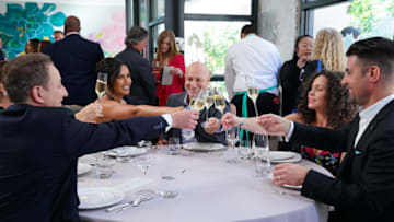 TOP CHEF -- "Restaurant Wars" Episode 1708 -- Pictured: (l-r) Michael Voltaggio, Padma Lakshmi, Tom Colicchio, Stephanie Izard, Kevin Boehm -- (Photo by: Nicole Weingart/Bravo)