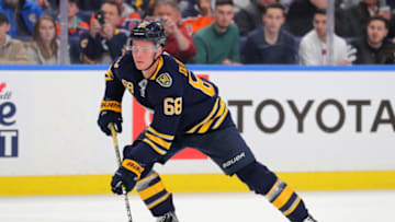 BUFFALO, NY - JANUARY 02: Victor Olofsson #68 of the Buffalo Sabres looks to take a shot on goal against the Edmonton Oilers at KeyBank Center on January 2, 2020 in Buffalo, New York. Buffalo beats Edmonton 3 to 2. (Photo by Timothy T Ludwig/Getty Images)