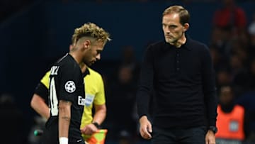 Paris Saint-Germain's Brazilian forward Neymar (L) and Paris Saint-Germain's German coach Thomas Tuchel react at the end of the UEFA Champions League Group C football match between Paris Saint-Germain and SSC Napoli at the Parc des Princes stadium, in Paris, on October 24, 2018. (Photo by FRANCK FIFE / AFP) (Photo credit should read FRANCK FIFE/AFP/Getty Images)