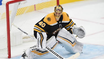 BOSTON, MA - OCTOBER 13: Tuukka Rask #40 of the Boston Bruins in the net against the New Jersey Devils at the TD Garden on October 13, 2019 in Boston, Massachusetts. (Photo by Steve Babineau/NHLI via Getty Images)