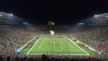 Oct 15, 2016; South Bend, IN, USA; The Notre Dame Fighting Irish take the field for the game against the Stanford Cardinal at Notre Dame Stadium. Mandatory Credit: Matt Cashore-USA TODAY Sports