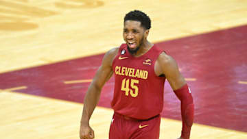 Nov 21, 2022; Cleveland, Ohio, USA; Cleveland Cavaliers guard Donovan Mitchell (45) celebrates in the fourth quarter against the Atlanta Hawks at Rocket Mortgage FieldHouse. Mandatory Credit: David Richard-USA TODAY Sports