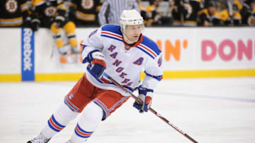 BOSTON - APRIL 4: Markus Naslund #91 of the New York Rangers skates up the ice against the Boston Bruins at the TD Banknorth Garden on April 4, 2009 in Boston, Massachusetts. (Photo by Brian Babineau/NHLI via Getty Images)