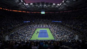 NEW YORK, NEW YORK - SEPTEMBER 05: Serena Williams of the United States in action against Elina Svitolina of Ukraine at sunset on Arthur Ashe Stadium at the USTA Billie Jean King National Tennis Center on September 05, 2019 in New York City. (Photo by TPN/Getty Images)