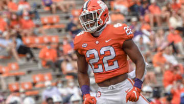 Clemson linebacker Trenton Simpson(22) reacts after sacking The Citadel quarterback Brandon Rainey(17) during the second quarter of the game Saturday, Sept. 19, 2020 at Memorial Stadium in Clemson, S.C.Clemson The Citadel Ncaa Football