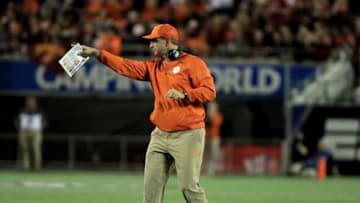 ORLANDO, FL - DECEMBER 03: Head coach Dabo Swinney of the Clemson Tigers speaks to his team during the ACC Championship game on December 3, 2016 in Orlando, Florida. (Photo by Sam Greenwood/Getty Images)