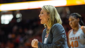 KNOXVILLE, TN - DECEMBER 10: Texas Longhorns head coach Karen Aston coaching during a game between the Texas Longhorns and Tennessee Lady Volunteers on December 10, 2017, at Thompson-Boling Arena in Knoxville, TN. Tennessee defeated Texas 82-75.(Photo by Bryan Lynn/Icon Sportswire via Getty Images)