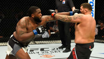 GLASGOW, SCOTLAND - JULY 16: (L-R) Justin Willis punches James Mulheron of England in their heavyweight bout during the UFC Fight Night event at the SSE Hydro Arena Glasgow on July 16, 2017 in Glasgow, Scotland. (Photo by Josh Hedges/Zuffa LLC/Zuffa LLC via Getty Images)