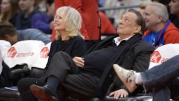 Feb 13, 2013; Los Angeles, CA, USA; Los Angeles Clippers owner Donald Sterling and wife Rochelle Sterling (Shelly Sterling) react during the game against the Houston Rockets at the Staples Center. Mandatory Credit: Kirby Lee-USA TODAY Sports