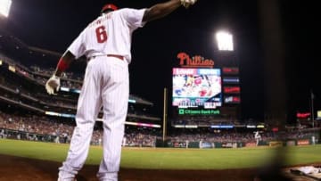 Jul 21, 2014; Philadelphia, PA, USA; Philadelphia Phillies first baseman Ryan Howard (6) waits on deck to bat in the sixth inning of a game against the San Francisco Giants at Citizens Bank Park. The Giants won 7-4. Mandatory Credit: Bill Streicher-USA TODAY Sports