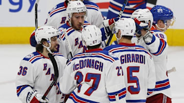 Nov 13, 2016; Edmonton, Alberta, CAN; The New York Rangers celebrate a first period goal by Dan Girardi (5) against the Edmonton Oilers at Rogers Place. Mandatory Credit: Perry Nelson-USA TODAY Sports