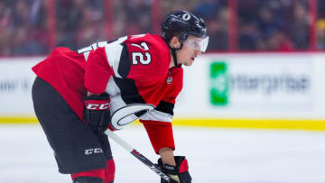 OTTAWA, ON - JANUARY 06: Ottawa Senators Defenceman Thomas Chabot (72) prepares for a face-off during second period National Hockey League action between the Tampa Bay Lightning and Ottawa Senators on January 6, 2018, at Canadian Tire Centre in Ottawa, ON, Canada. (Photo by Richard A. Whittaker/Icon Sportswire via Getty Images)