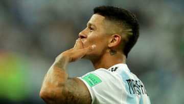 SAINT PETERSBURG, RUSSIA - JUNE 26: Marcos Rojo of Argentina celebrates victory following the 2018 FIFA World Cup Russia group D match between Nigeria and Argentina at Saint Petersburg Stadium on June 26, 2018 in Saint Petersburg, Russia. (Photo by Richard Heathcote/Getty Images)