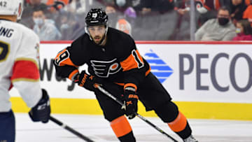 Oct 23, 2021; Philadelphia, Pennsylvania, USA; Philadelphia Flyers center Derick Brassard (19) carries the puck against the Florida Panthers during the first period at Wells Fargo Center. Mandatory Credit: Eric Hartline-USA TODAY Sports