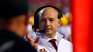 PISCATAWAY, NJ - OCTOBER 19: Head coach P. J. Fleck of the Minnesota Golden Gophers signals inches to the referee during the fourth quarter at SHI Stadium on October 19, 2019 in Piscataway, New Jersey. Minnesota defeated Rutgers 42-7. (Photo by Corey Perrine/Getty Images)