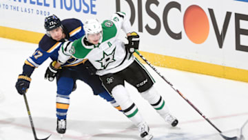 ST. LOUIS, MO - APRIL 25: Jaden Schwartz #17 of the St. Louis Blues battles John Klingberg #3 of the Dallas Stars for the puck in Game One of the Western Conference Second Round during the 2019 NHL Stanley Cup Playoffs at Enterprise Center on April 25, 2019 in St. Louis, Missouri. (Photo by Joe Puetz/NHLI via Getty Images)