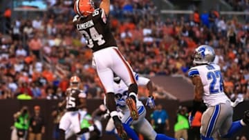 Aug 15, 2013; Cleveland, OH, USA; Cleveland Browns tight end Jordan Cameron (84) makes a catch for a touchdown in the first quarter of a preseason game against the Detroit Lions at FirstEnergy Stadium. Mandatory Credit: Andrew Weber-USA TODAY Sports