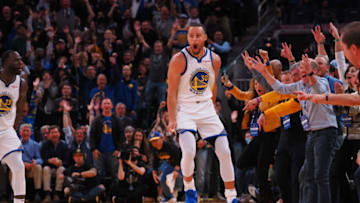 Apr 18, 2022; San Francisco, California, USA; Golden State Warriors guard Stephen Curry (30) reacts after a basket and foul against the Denver Nuggets during the third quarter of game two of the first round for the 2022 NBA playoffs at Chase Center. Mandatory Credit: Kelley L Cox-USA TODAY Sports
