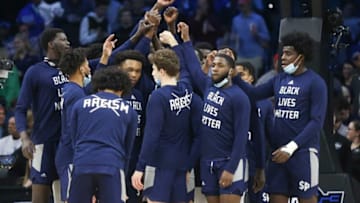 The Peacocks gather before the first half in the Sweet Sixteen round of the NCAA tournament at the Wells Fargo Center in Philadelphia, March 25, 2022.Ncaa Basketball Ncaa Tournament Saint Peter S Vs Purdue In Sweet 16 Saint Peter S At Purdue