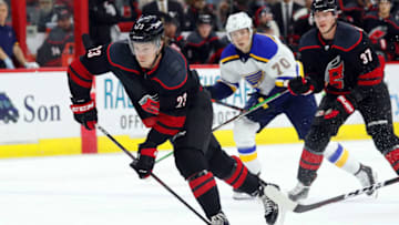 RALEIGH, NC - MARCH 1: Brock McGinn #23 of the Carolina Hurricanes fires a shot on goal during an NHL game against the St. Louis Blues on MARCH 1, 2019 at PNC Arena in Raleigh, North Carolina. (Photo by Karl DeBlaker/NHLI via Getty Images)