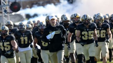 WEST LAFAYETTE, IN - NOVEMBER 25: Purdue Boilermakers head coach Jeff Brohm leads his team on to the field for the start of the college football game between the Indiana Hoosiers and the Purdue Boilermakers on November 25, 2017, at Ross-Ade Stadium in West Lafayette, Indiana. (Photo by Michael Allio/Icon Sportswire via Getty Images)