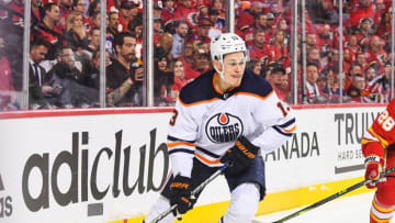 CALGARY, AB - MAY 26: Jesse Puljujarvi #13 of the Edmonton Oilers in action against the Calgary Flames during Game Five of the Second Round of the 2022 Stanley Cup Playoffs at Scotiabank Saddledome on May 26, 2022 in Calgary, Alberta, Canada. The Oilers defeated the Flames 5-4 in overtime to win the series four games to one. (Photo by Derek Leung/Getty Images)