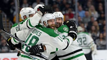 Apr 2, 2016; Los Angeles, CA, USA; Dallas Stars defenseman Patrik Nemeth (15), center Vernon Fiddler (38), right wing Patrick Eaves (18) and defenseman Jordie Benn (24) celebrate after a goal in the third period of the game against the Los Angeles Kings at Staples Center. Stars won 3-2. Mandatory Credit: Jayne Kamin-Oncea-USA TODAY Sports