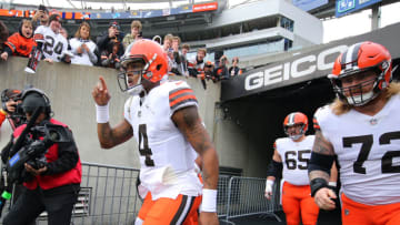 Dec 11, 2022; Cincinnati, Ohio, USA; Cleveland Browns quarterback Deshaun Watson (4) takes the field before the game against the Cincinnati Bengals at Paycor Stadium. Mandatory Credit: Joseph Maiorana-USA TODAY Sports