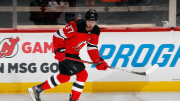 NEWARK, NEW JERSEY - FEBRUARY 23: Pavel Zacha #37 of the New Jersey Devils skates against the Buffalo Sabres at Prudential Center on February 23, 2021 in Newark, New Jersey. (Photo by Bruce Bennett/Getty Images)