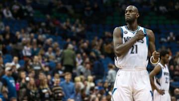 Jan 12, 2016; Minneapolis, MN, USA; Minnesota Timberwolves forward Kevin Garnett (21) against the Oklahoma City Thunder at Target Center. The Thunder defeated the Timberwolves 101-96. Mandatory Credit: Brace Hemmelgarn-USA TODAY Sports