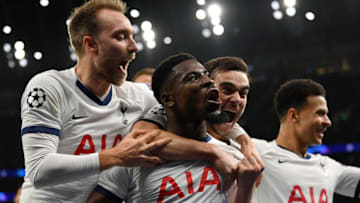 LONDON, ENGLAND - NOVEMBER 26: Serge Aurier of Tottenham Hotspur celebrates with teammates after scoring his team's third goal during the UEFA Champions League group B match between Tottenham Hotspur and Olympiacos FC at Tottenham Hotspur Stadium on November 26, 2019 in London, United Kingdom. (Photo by Justin Setterfield/Getty Images)