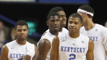 Nov 16, 2014; Lexington, KY, USA; Kentucky Wildcats guard Aaron Harrison (2), guard Andrew Harrison (5), guard forward Alex Poythress (22), forward Willie Cauley-Stein (15), and center Dakari Johnson (44) enter the game against the Buffalo Bulls in the second half at Rupp Arena. Kentucky defeated Buffalo 71-52. Mandatory Credit: Mark Zerof-USA TODAY Sports