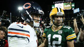 GREEN BAY, WI - SEPTEMBER 09: Mitchell Trubisky #10 of the Chicago Bears and Aaron Rodgers #12 of the Green Bay Packers meet after the Green Bay Packers beat the Chicago Bears 24-23 at Lambeau Field on September 9, 2018 in Green Bay, Wisconsin. (Photo by Dylan Buell/Getty Images)