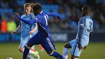 MANCHESTER, ENGLAND - APRIL 18: Callum Hudson-Odoi of Chelsea takes the ball past Sadou Diallo of Manchester City during the FA Youth Cup Final First Leg match between Manchester City and Chelsea at The Academy Stadium on April 18, 2017 in Manchester, England. (Photo by Jan Kruger/Getty Images)