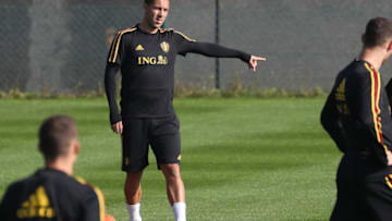 Belgium's player Eden Hazard (C) takes part in a training session of Belgian football national team the Red Devils in Tubize, on October 9, 2018, ahead the upcoming Nations League football match against Switzerland. (Photo by VIRGINIE LEFOUR / BELGA / AFP) / Belgium OUT (Photo credit should read VIRGINIE LEFOUR/AFP/Getty Images)