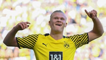 Erling Haaland celebrates his goal against Wolfsburg (Photo by INA FASSBENDER/AFP via Getty Images)