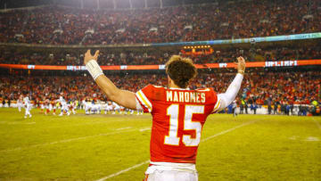 KANSAS CITY, MO - JANUARY 12: Quarterback Patrick Mahomes #15 of the Kansas City Chiefs reacts to the imminent victory by the Chiefs over the Indianapolis Colts in the AFC Divisional Playoff at Arrowhead Stadium on January 12, 2019 in Kansas City, Missouri. (Photo by David Eulitt/Getty Images)