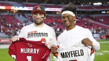 Cleveland Browns quarterback Baker Mayfield (left) and Arizona Cardinals quarterback Kyler Murray exchange jerseys after Arizona Cardinals won 38-24 at State Farm Stadium December 15, 2019.Browns Vs Cardinals