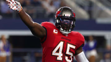 ARLINGTON, TEXAS - SEPTEMBER 11: Devin White #45 of the Tampa Bay Buccaneers reacts during the second half against the Dallas Cowboys at AT&T Stadium on September 11, 2022 in Arlington, Texas. (Photo by Richard Rodriguez/Getty Images)