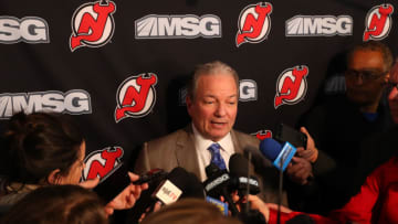 Dec 3, 2019; Newark, NJ, USA; New Jersey Devils GM Ray Shero speaks to the media prior to a game between the New Jersey Devils and the Vegas Golden Knights at Prudential Center. Mandatory Credit: Ed Mulholland-USA TODAY Sports
