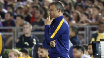 July 21, 2015; Los Angeles, CA, USA; Barcelona head coach Luis Enrique watches game action against Los Angeles Galaxy during the second half at Rose Bowl. Mandatory Credit: Gary A. Vasquez-USA TODAY Sports