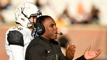 COLUMBIA, MO - NOVEMBER 12: Derek Mason head coach of the Vanderbilt Commodores gives support to his team during a game against the Missouri Tigers in the first quarter at Memorial Stadium on November 12, 2016 in Columbia, Missouri. (Photo by Ed Zurga/Getty Images)