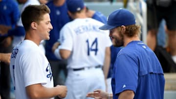 LOS ANGELES, CA - SEPTEMBER 05: Corey Seager #5 of the Los Angeles Dodgers and Clayton Kershaw #22 joke before the game against the Arizona Diamondbacks at Dodger Stadium on September 5, 2016 in Los Angeles, California. (Photo by Harry How/Getty Images)
