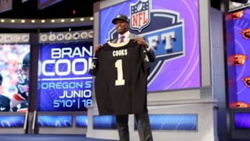 May 8, 2014; New York, NY, USA; Brandin Cooks (Oregon State) poses for photos after being selected as the number twenty overall pick in the first round of the 2014 NFL Draft to the New Orleans Saints at Radio City Music Hall. Mandatory Credit: Adam Hunger-USA TODAY Sports